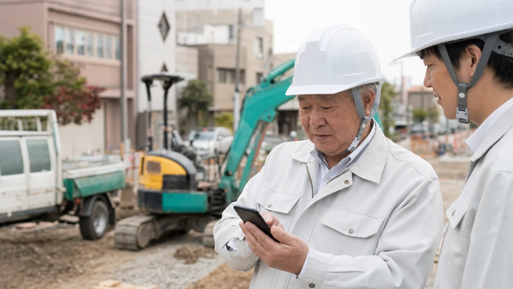 工事現場でスマートフォンを使って進捗を確認するイメージ